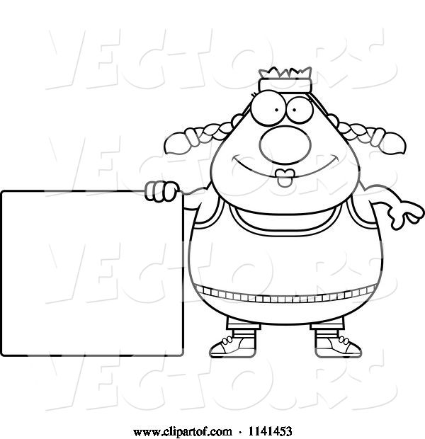 Vector of Cartoon Black and White Plump Gym Lady with a Sign