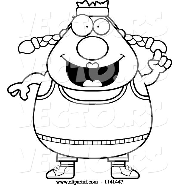 Vector of Cartoon Black and White Plump Gym Lady with an Idea