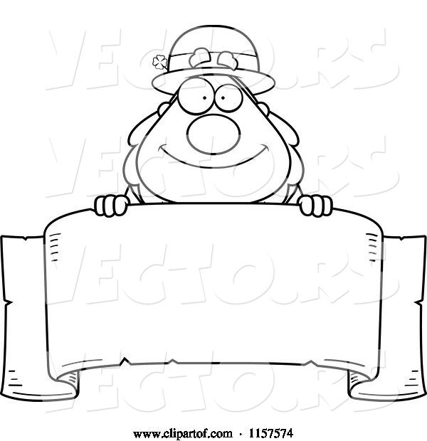 Vector of Cartoon Black and White Plump Leprechaun Looking over a Blank Banner