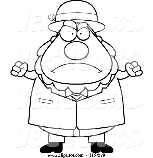 Vector of Cartoon Black and White Plump Leprechaun Waving His Fists in Anger