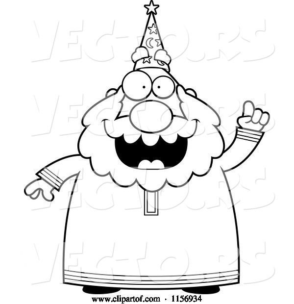 Vector of Cartoon Black and White Plump Old Wizard with an Idea