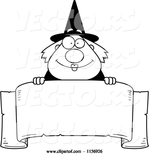 Vector of Cartoon Black and White Plump Witch Looking over a Blank Banner