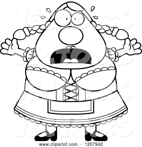 Vector of Cartoon Black and White Scared Chubby Oktoberfest German Lady