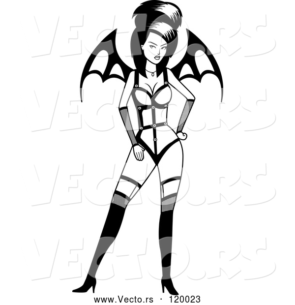 Vector of Cartoon Black and White Sexy Vampiress with Wings