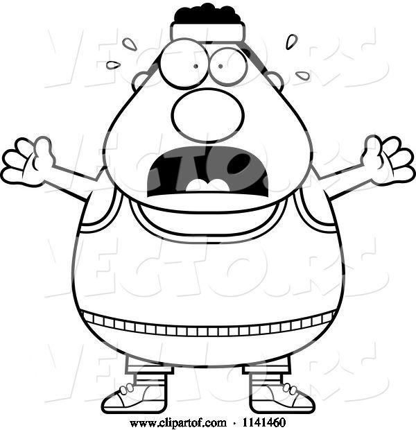 Vector of Cartoon Black and White Stressed Plump Gym Guy