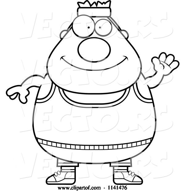 Vector of Cartoon Black and White Waving Plump Gym Guy