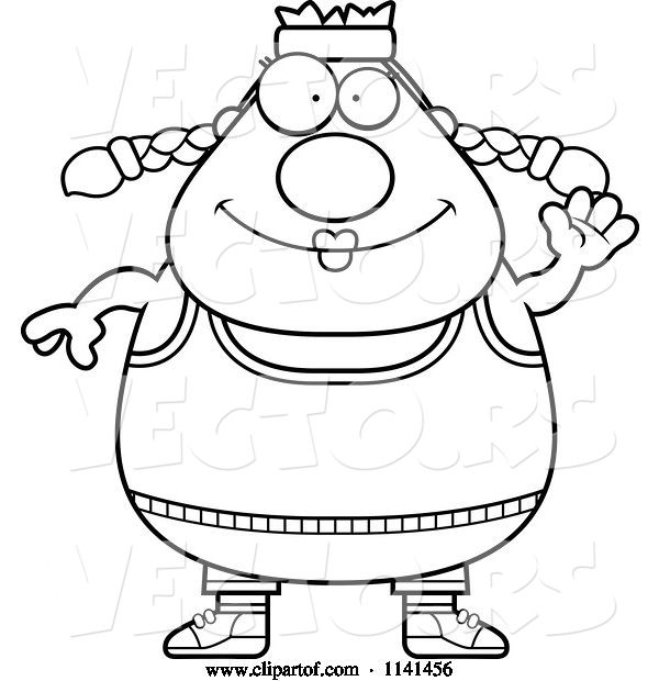 Vector of Cartoon Black and White Waving Plump Gym Lady