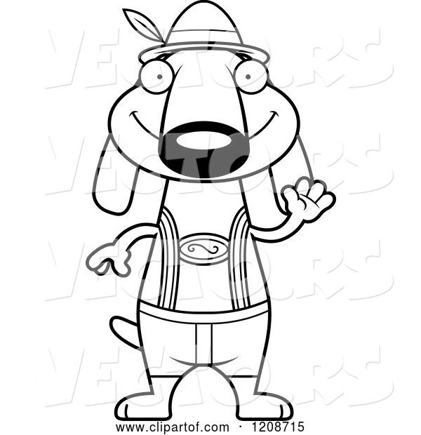 Vector of Cartoon Black and White Waving Skinny German Oktoberfest Dachshund Dog Wearing Lederhosen