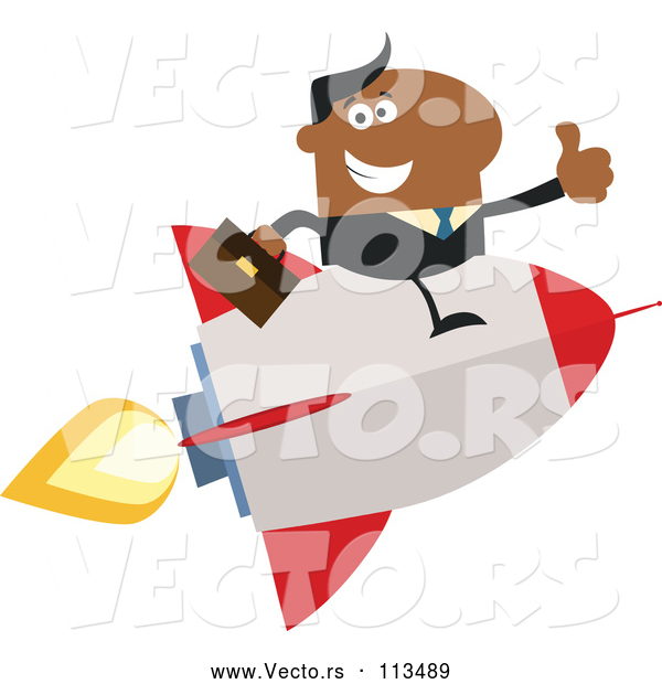 Vector of Cartoon Black Business Man Holding a Thumb up and Flying on a Rocket