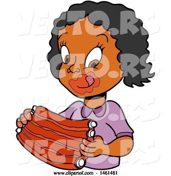 Vector of Cartoon Black Girl Licking Bbq Sauce off of Her Lips and Eating Ribs