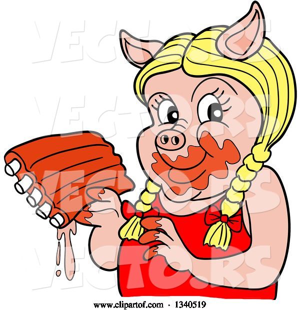Vector of Cartoon Blond Female Pig Holding Saucy Ribs