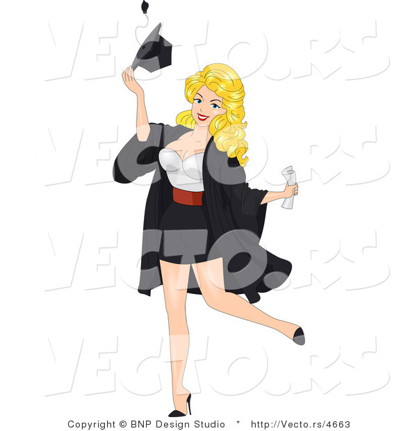 Vector of Cartoon Blond Pinup Girl Tossing a Graduation Cap into the Air
