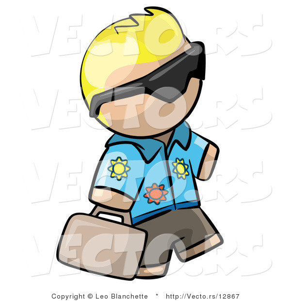Vector of Cartoon Blond Tourist Guy Wearing Shades and Carrying Luggage