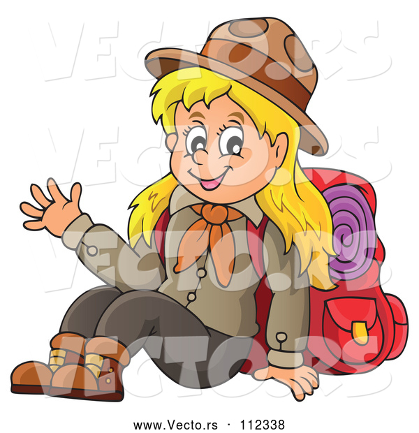 Vector of Cartoon Blond White Girl Scout Sitting and Waving with Camping Gear