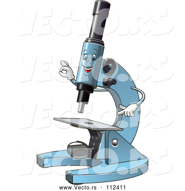 Vector of Cartoon Blue Microscope Character Pointing and Gesturing