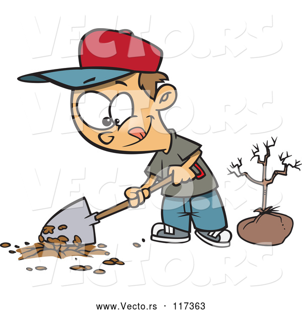 Vector of Cartoon Boy Digging a Hole to Plant a Tree on Arbor Day