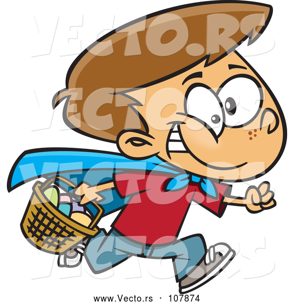 Vector of Cartoon Brunette White Boy Wearing a Cape and Running at an Easter Egg Hunt