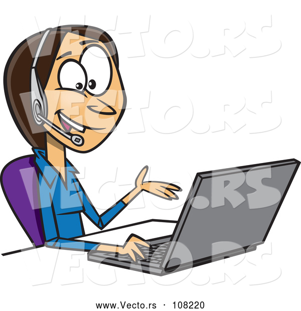 Vector of Cartoon Brunette White Businesswoman Working on a Laptop and Offering Tech or Customer Service Support