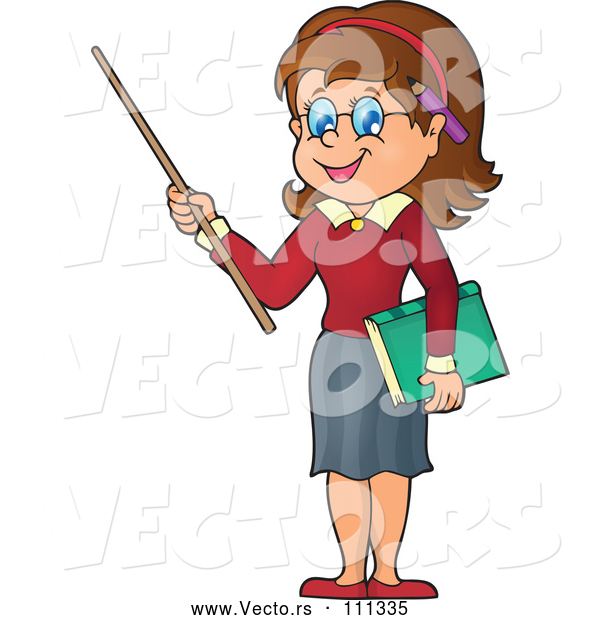 Vector of Cartoon Brunette White Female Teacher Holding a Pointer Stick