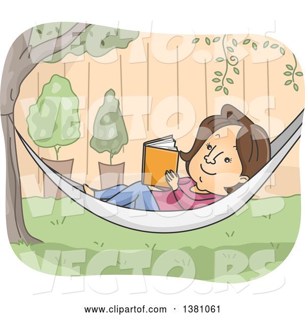 Vector of Cartoon Brunette White Lady Reading a Book in a Hammock in a Yard