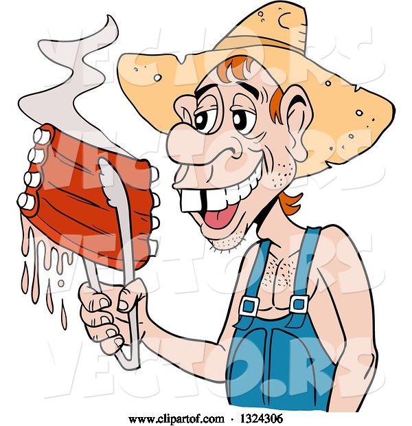 Vector of Cartoon Buch Toothed Male Hillbilly Holding Juicy Bbq Ribs with Tongs