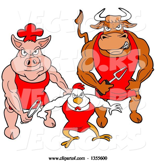 Vector of Cartoon Buff Bbq Chef Bull, Chicken and Pig Flexing Their Muscles