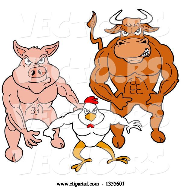 Vector of Cartoon Buff Bull, Chicken and Pig Flexing Their Muscles