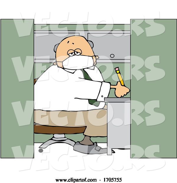 Vector of Cartoon Business Man Wearing a Covid19 Mask and Working in a Cubicle