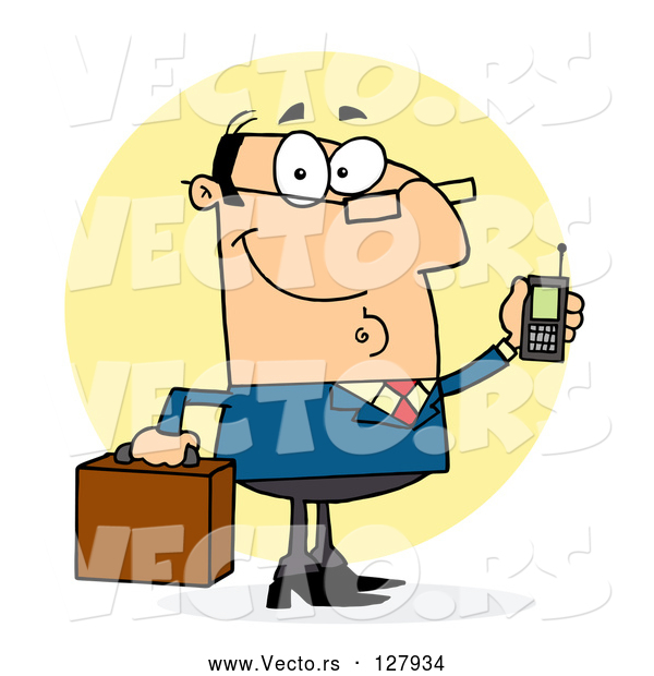 Vector of Cartoon Chatty White Business Man Holding a Briefcase and Cell Phone
