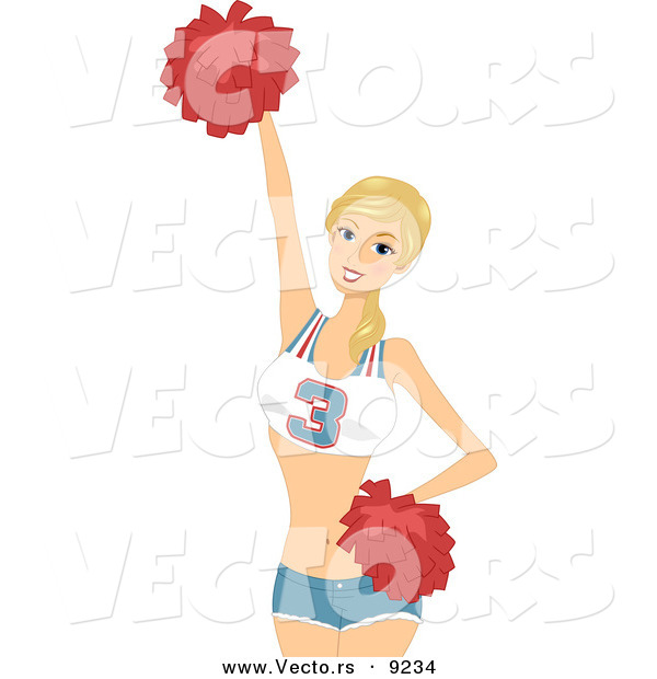Vector of Cartoon Cheerleader with Red Pom Poms