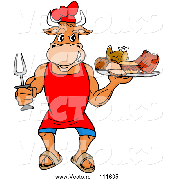 Vector of Cartoon Chef Bull Holding a Bbq Platter of Meats