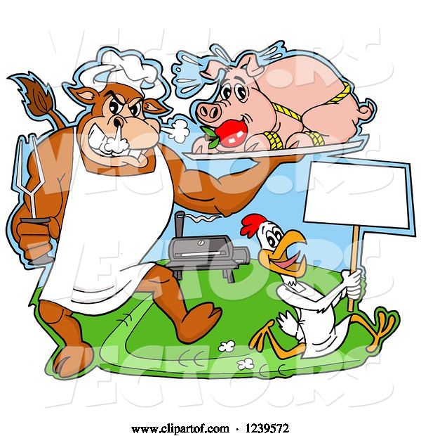 Vector of Cartoon Chef Bull Holding a Stuffed Pig on a Platter over a Chicken with a Sign by a Bbq Grill
