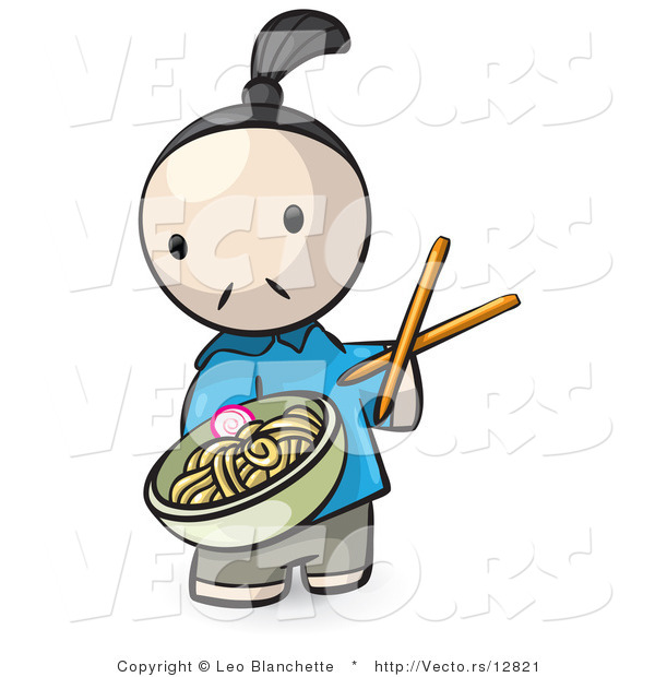 Vector of Cartoon Chef Serving Saimin Noodles in a Bowl with Chop Sticks