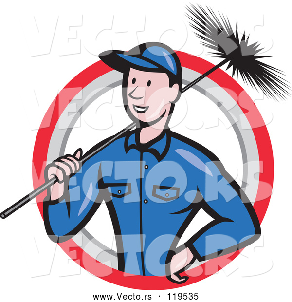 Vector of Cartoon Chimney Sweep Worker Holding a Broom in a Circle