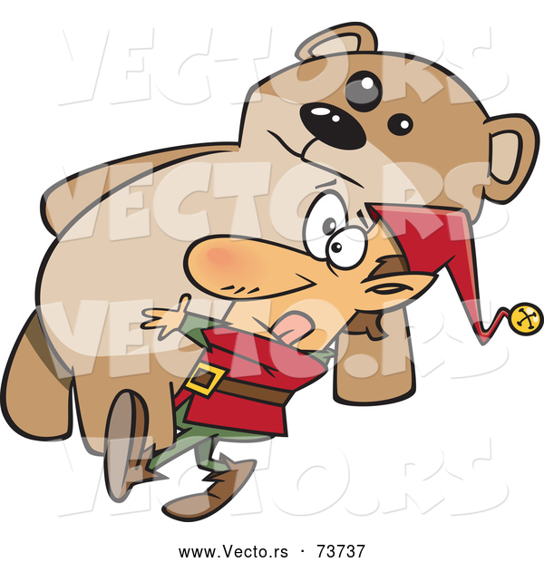Vector of Cartoon Christmas Elf Delivering Big Teddy Bear Gift