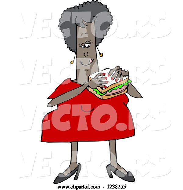 Vector of Cartoon Chubby Black Lady Eating a Bologna Sandwich