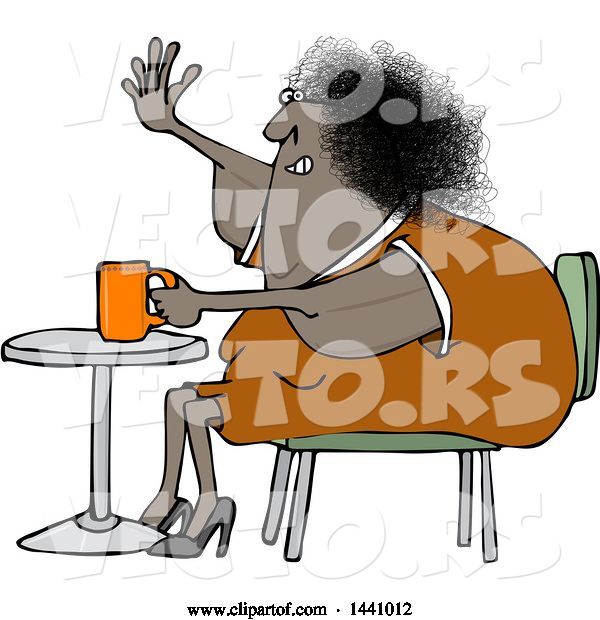 Vector of Cartoon Chubby Black Lady Sitting with Coffee at a Table and Waving with a Flabby Arm