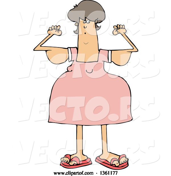 Vector of Cartoon Chubby Brunette White Lady with Flabby Arms, Flexing