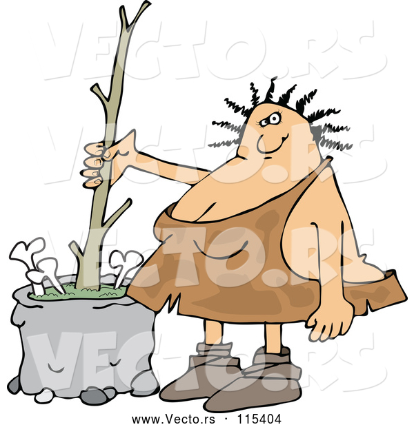 Vector of Cartoon Chubby Cavewoman Stirring Bone Soup with a Stick