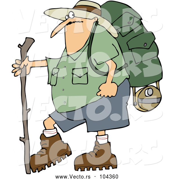 Vector of Cartoon Chubby Guy in Hiking Gear, Holding a Stick