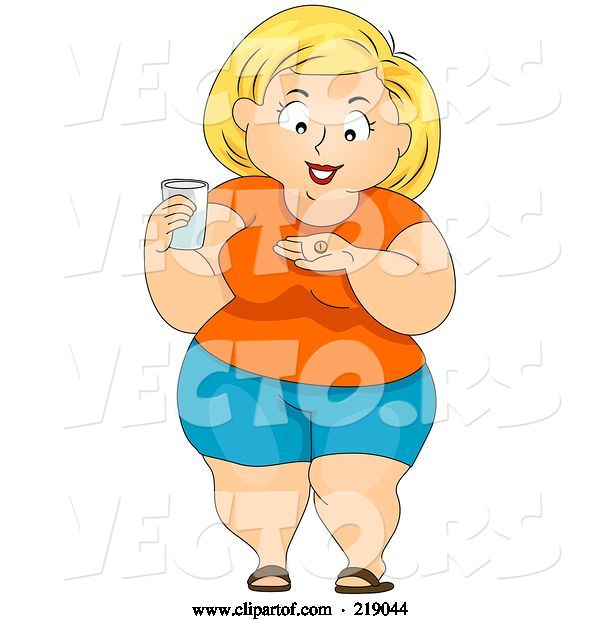 Vector of Cartoon Chubby Lady Taking a Pill with Water