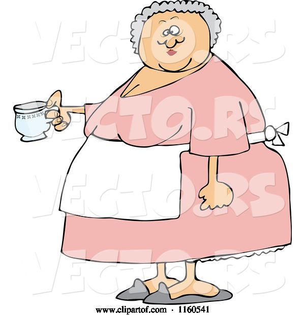 Vector of Cartoon Chubby Lady Wearing an Apron and Holding a Tea Cup