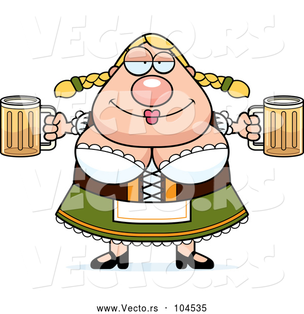 Vector of Cartoon Chubby Oktoberfest German Lady Holding Two Beers