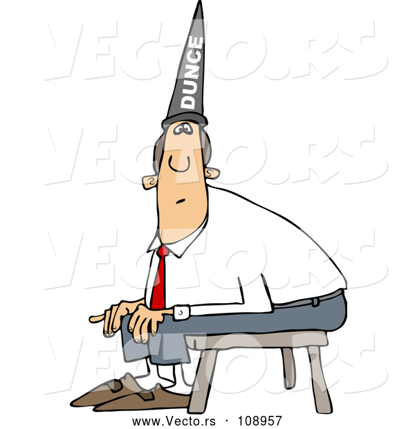Vector of Cartoon Chubby White Businessman Wearing a Dunce Hat and Sitting on a Stool