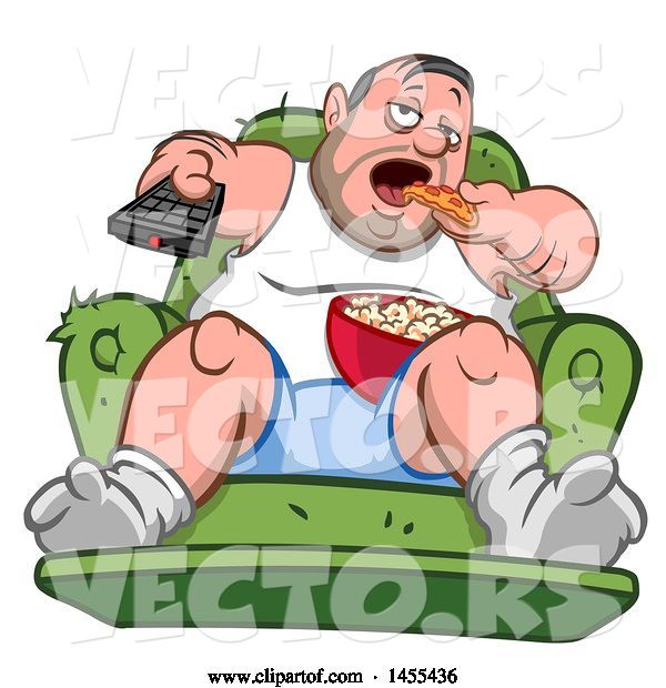 Vector of Cartoon Chubby White Guy, Couch Potato, Watching Tv and Eating