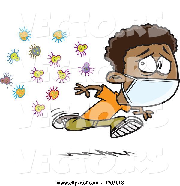 Vector of Cartoon Clipart Boy Wearing a Mask and Running from Germs