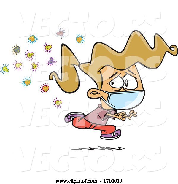 Vector of Cartoon Clipart Girl Wearing a Face Mask and Running from Germs
