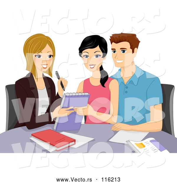 Vector of Cartoon Couple Going over Their Wedding with a Planner