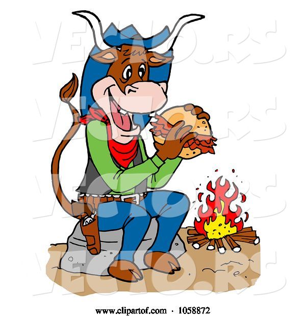 Vector of Cartoon Cow Eating a Pulled Pork Sandwich by a Fire