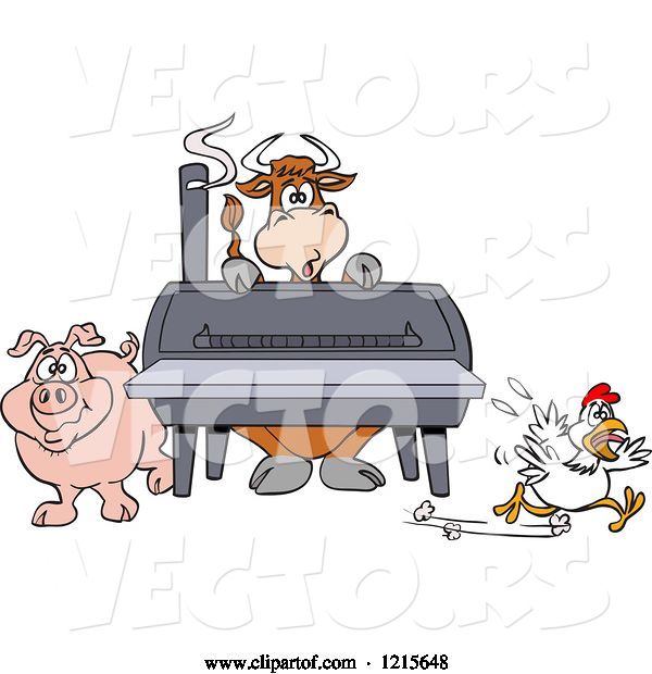 Vector of Cartoon Cow Pig and Chicken by a Bbq Smoker
